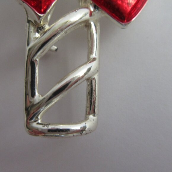 Candy Cane Brooch Pin Enamal Red Bow Holiday Christmas Silver Tone Openwork - Picture 5 of 9